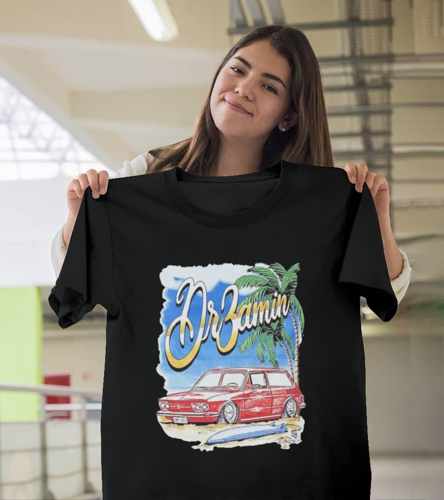 DrZamin Red Car Tropical Beach Scene With Palm Trees Surfboard T-Shirt