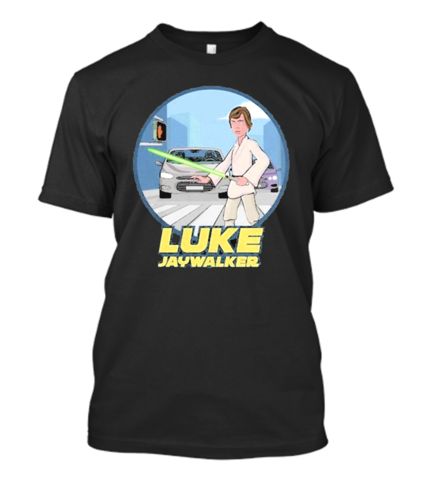 Luke Jaywalker Crossing With Lightsaber And Traffic Cars T-Shirt