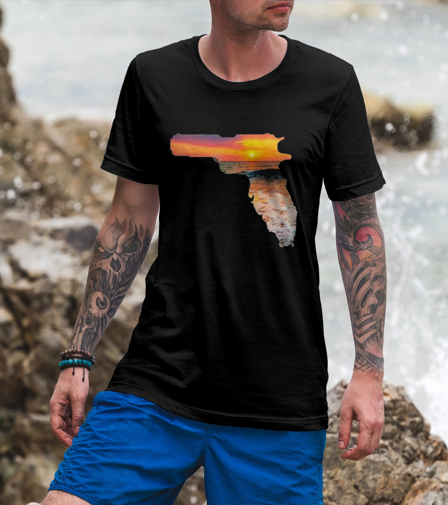 Florida The Gunshine State Gun Map Sunset Beach Scene T-Shirt