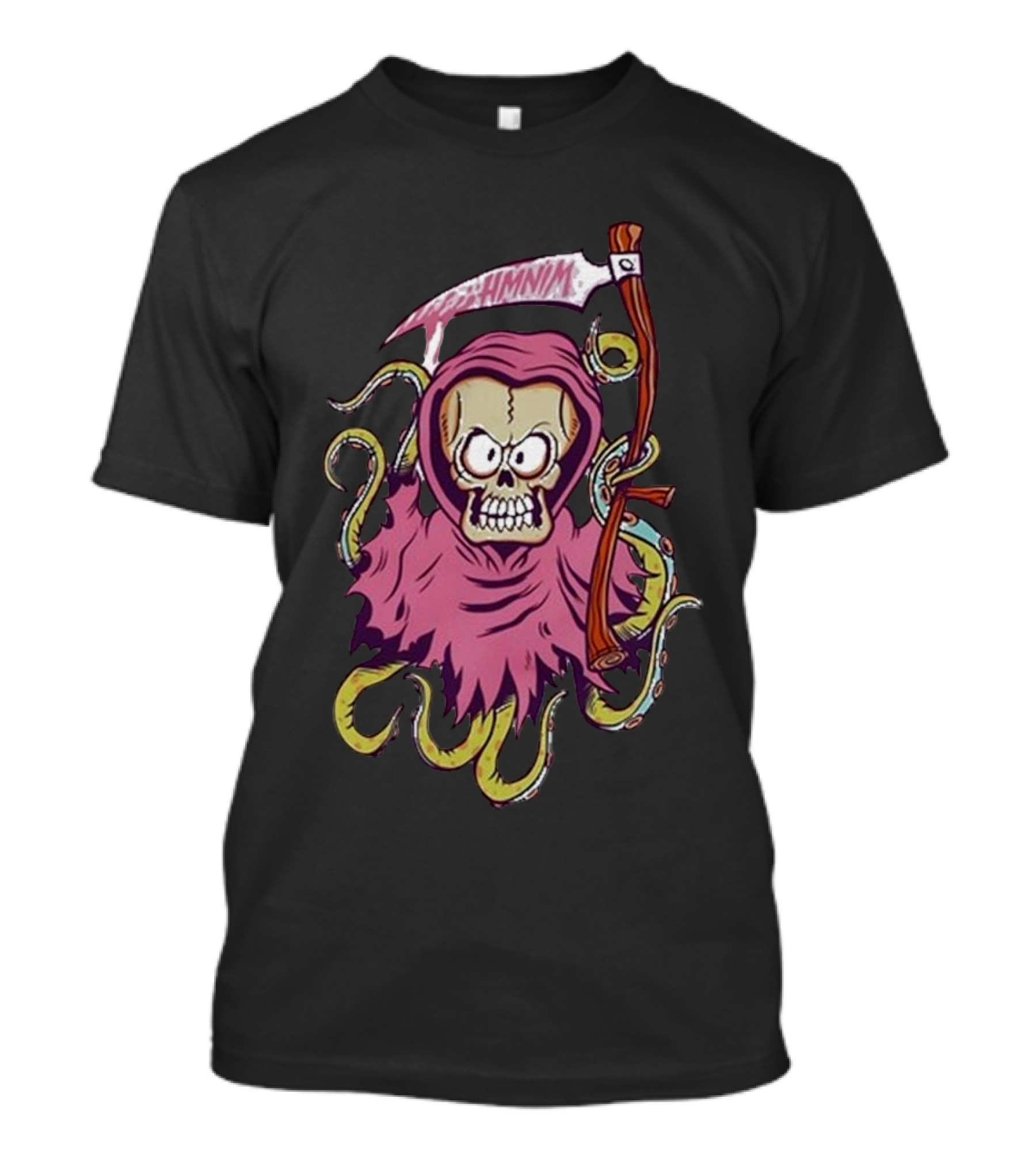 Pink Skull Hooded Grim Reaper With Scythe And Tentacles Hoppus Text T-Shirt