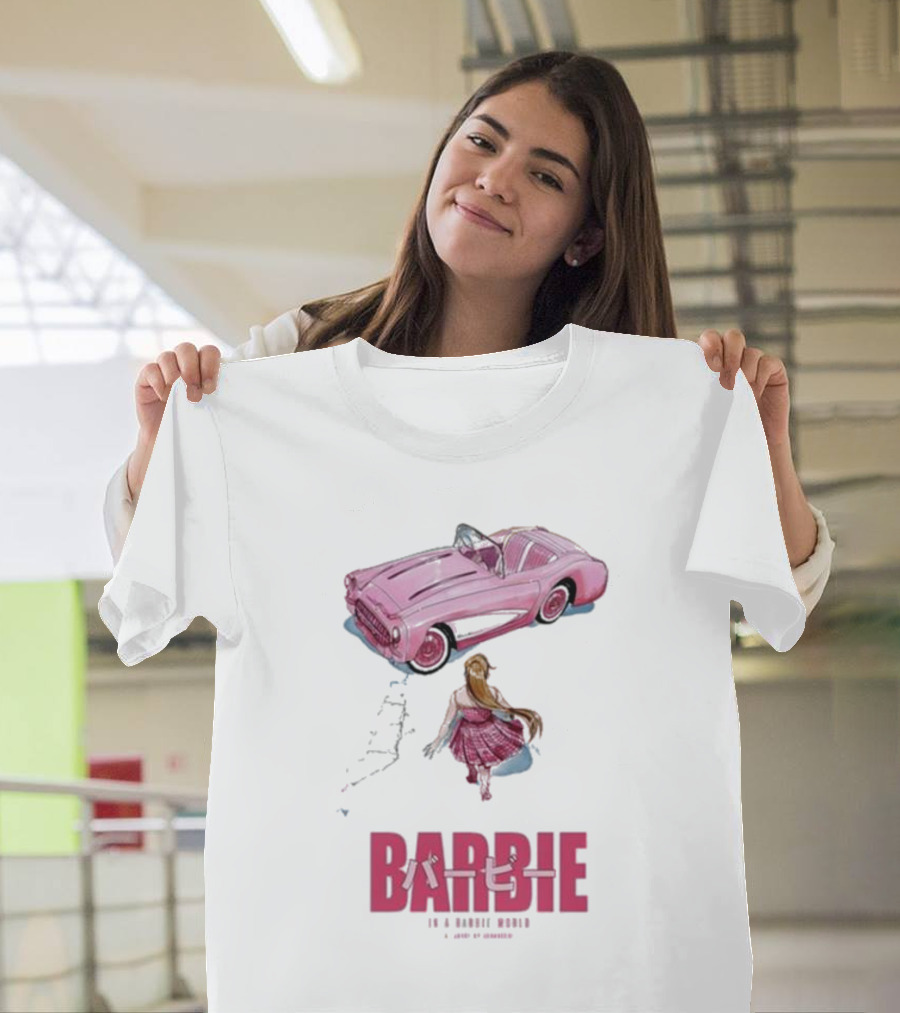 Barbie in a Barbie World Pink Car Fanart Joanacchi Japanese Text T-Shirt