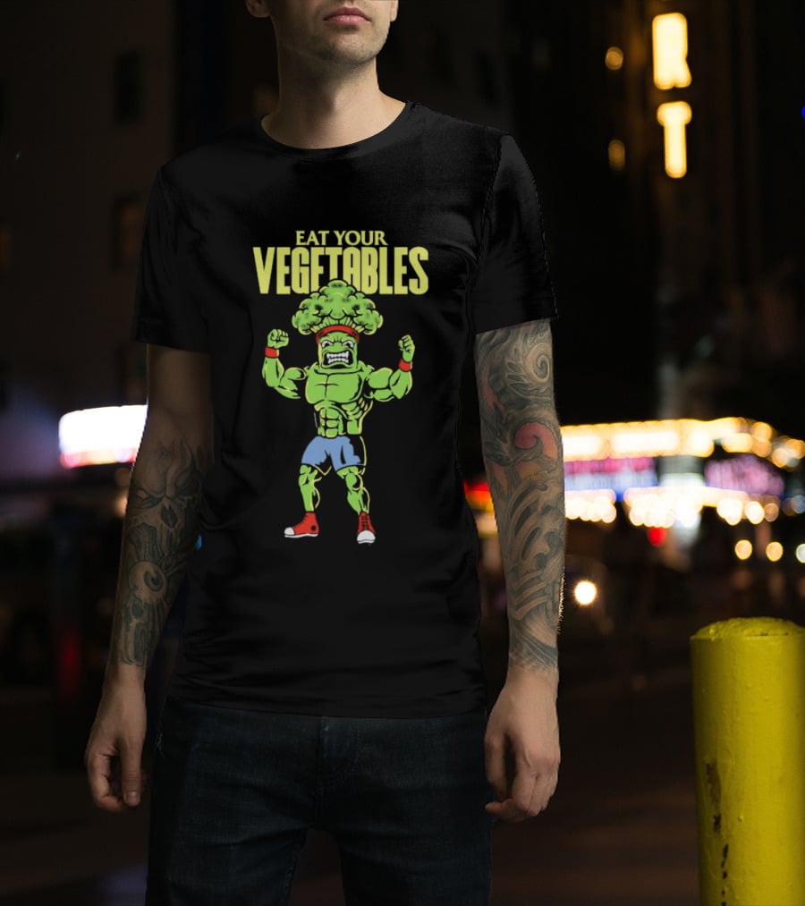 EAT YOUR VEGETABLES Broccoli Bodybuilder In Red Sneakers T-Shirt