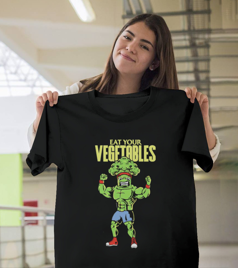 EAT YOUR VEGETABLES Broccoli Bodybuilder In Red Sneakers T-Shirt