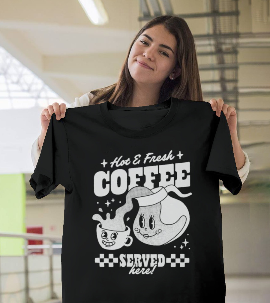 Hot And Fresh Coffee Served Here Retro Cartoon T-Shirt