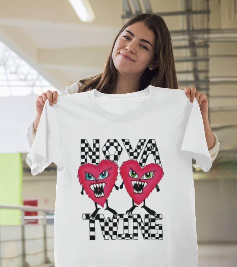 NOVA TWINS Red Heart Monsters with Checkerboard Text T-Shirt