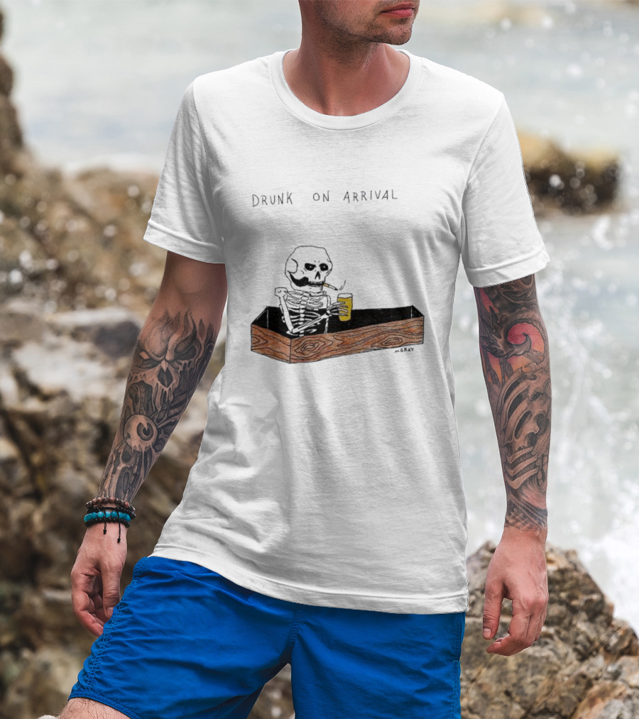 Skeleton Drunk On Arrival Coffin Bar By M.Gray T-Shirt