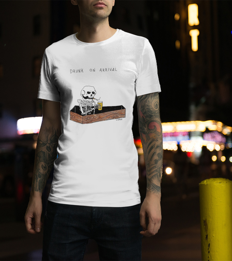 Skeleton Drunk On Arrival Coffin Bar By M.Gray T-Shirt