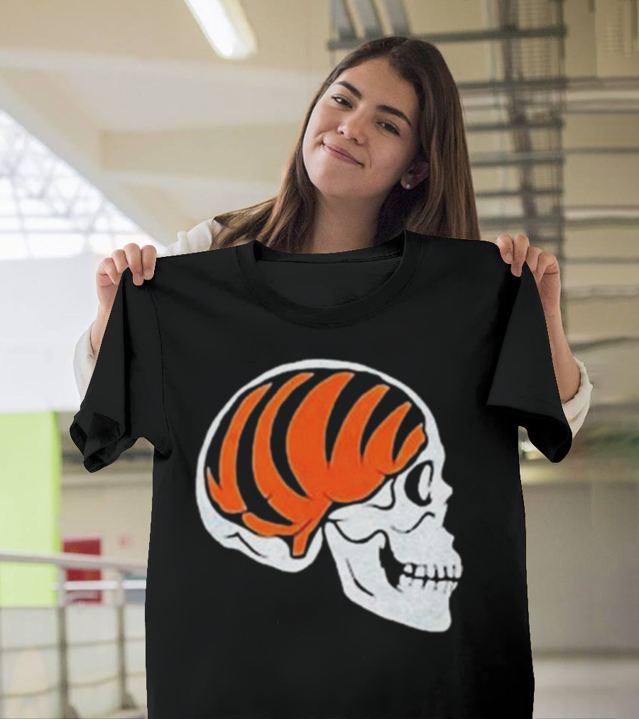 Goodberry Bengals Brain Skull with Orange Tiger Stripes T-Shirt
