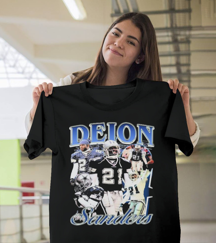 Deion Sanders Dallas Cowboys Collage with Number 21 and Star Helmet T-Shirt