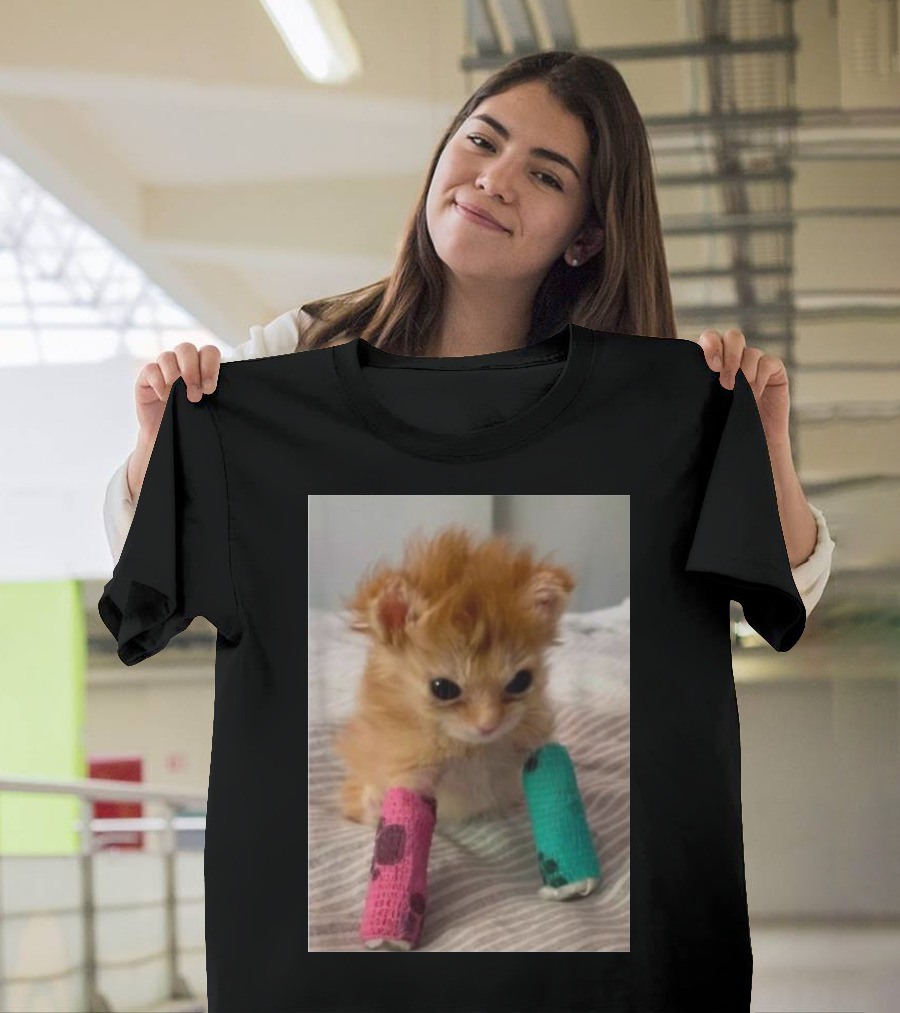Tater Tot Cat Orange Kitten with Colorful Leg Casts T-Shirt