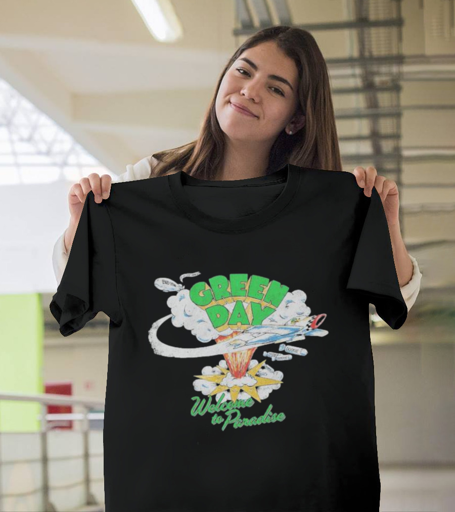 Green Day Welcome to Paradise Explosive Cartoon Art Airplane Cloud T-Shirt