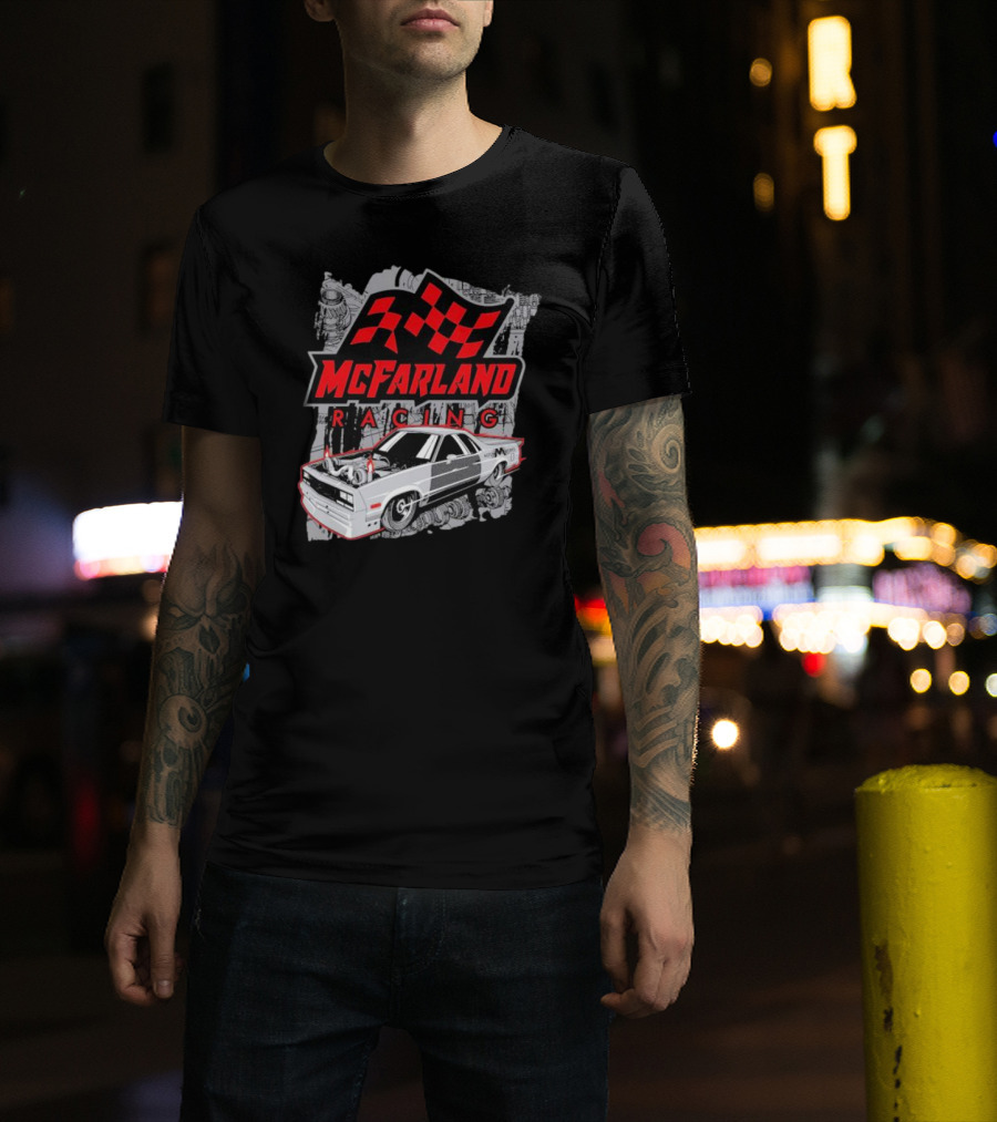 McFarland Racing Cleetus Mullet Turbocharged Car And Checkered Flag T-Shirt