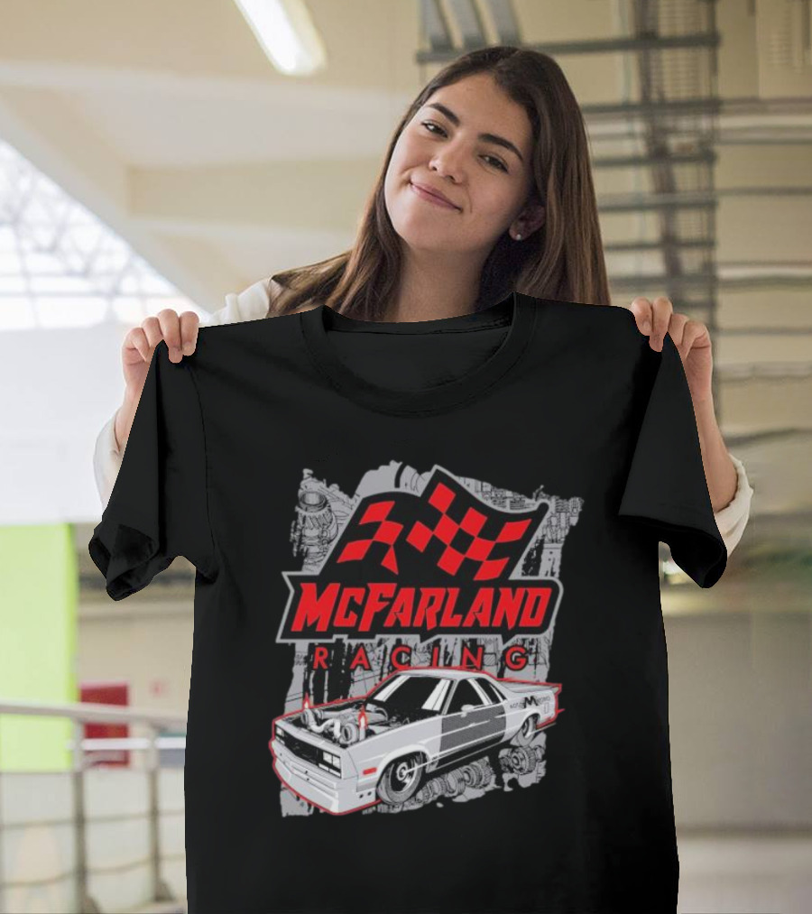 McFarland Racing Cleetus Mullet Turbocharged Car and Checkered Flag T-Shirt
