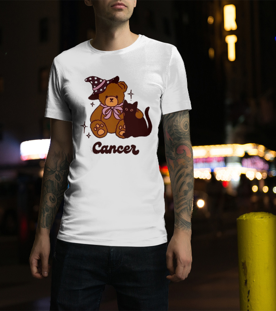 Cancer Teddy Bear With Witch Hat And Black Cat T-Shirt
