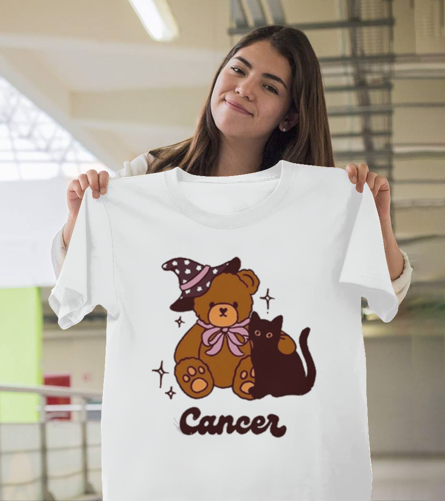 Cancer Teddy Bear With Witch Hat And Black Cat T-Shirt