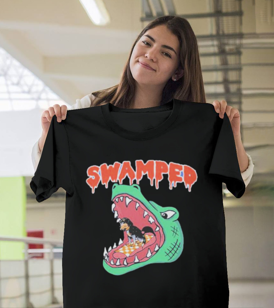Swamped Alligator Cartoon with Small Dog in Mouth T-Shirt