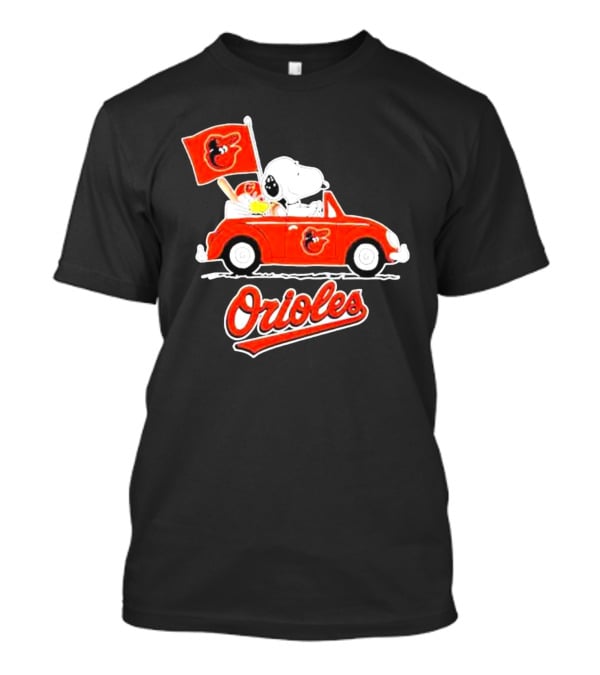 Snoopy Driving Red Car With Baltimore Orioles Flag And Orioles Text T-Shirt