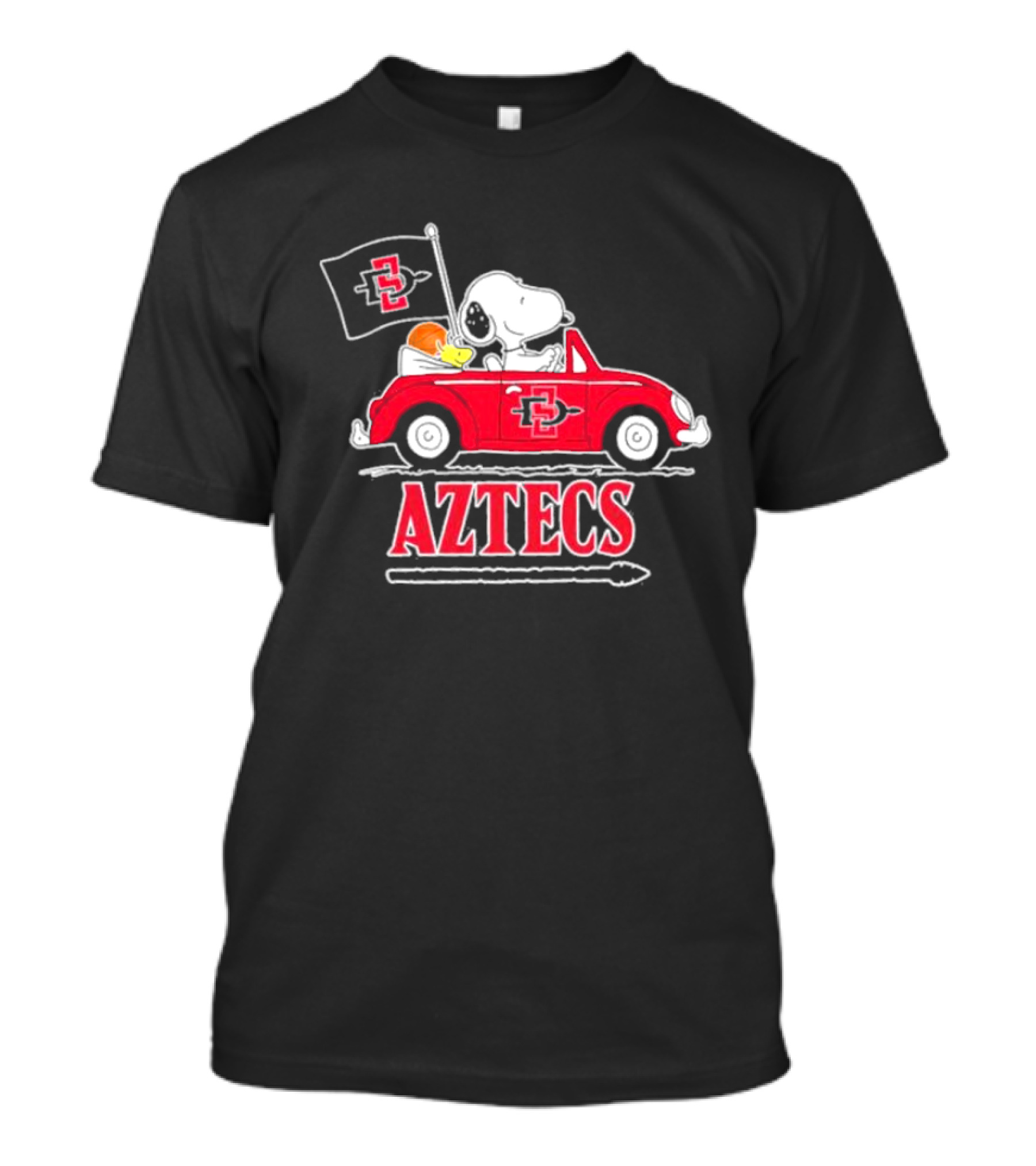 Snoopy And Woodstock Riding In Red Car With Aztecs Flag T-Shirt