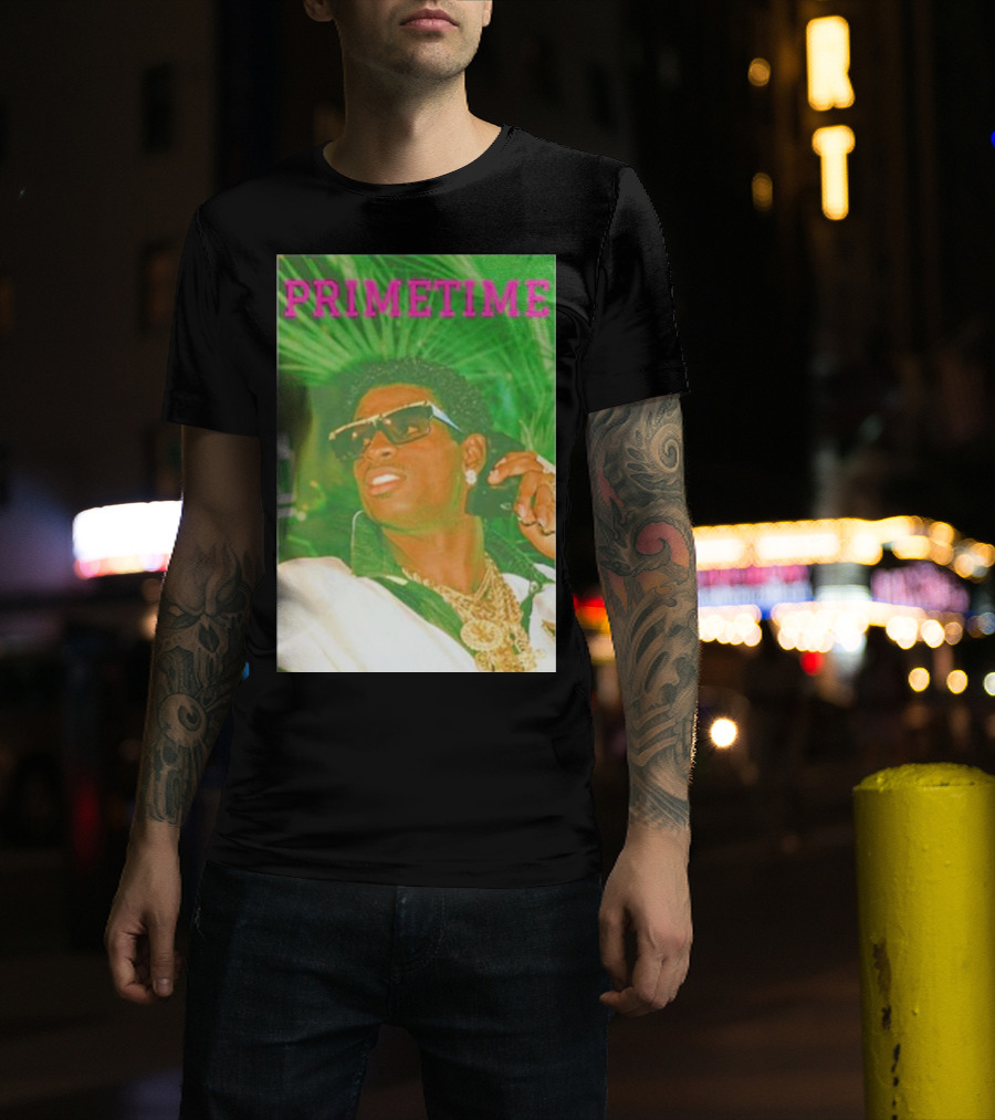 PRIMETIME Deion Sanders Sunglasses Gold Chains Retro Vibe T-Shirt