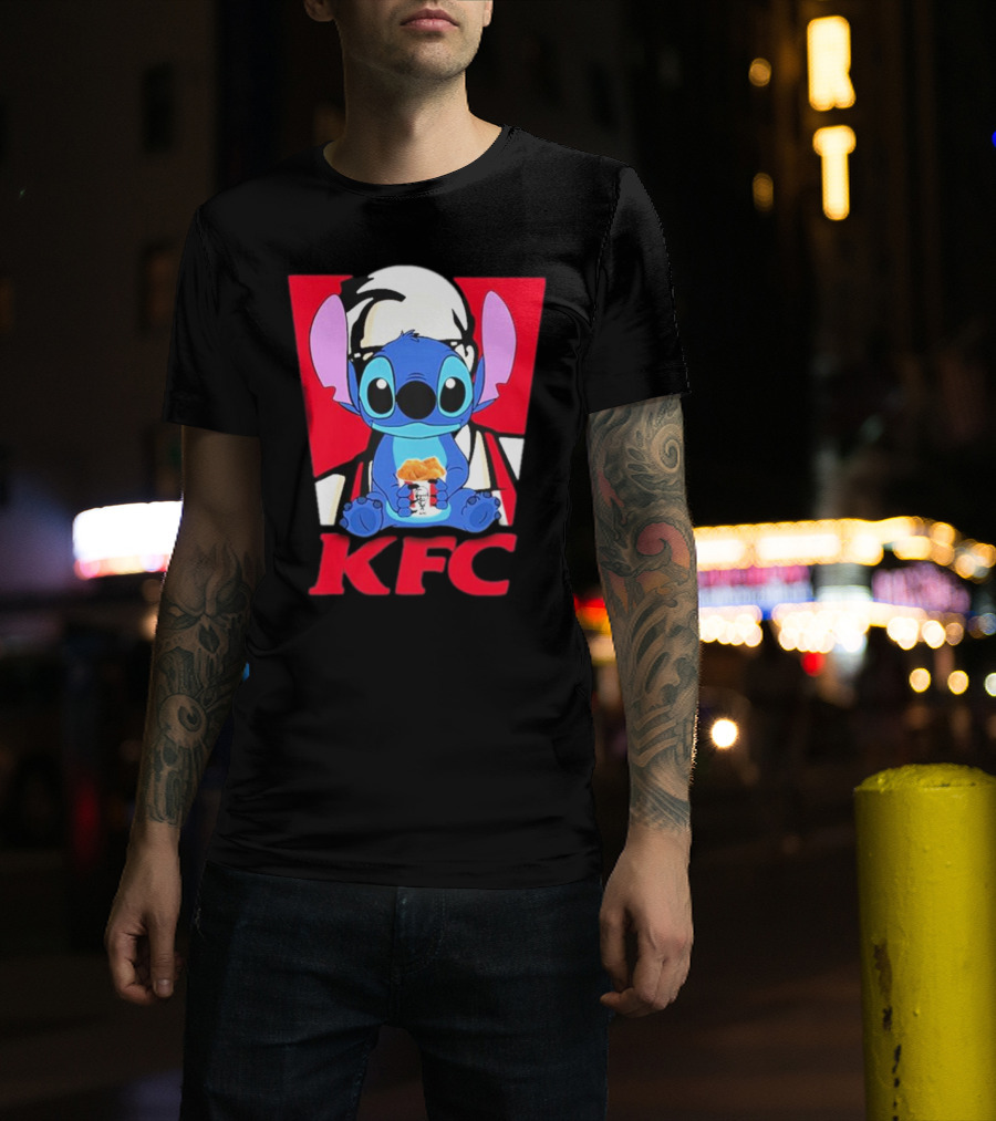 Stitch Eating KFC With Logo Background T-Shirt