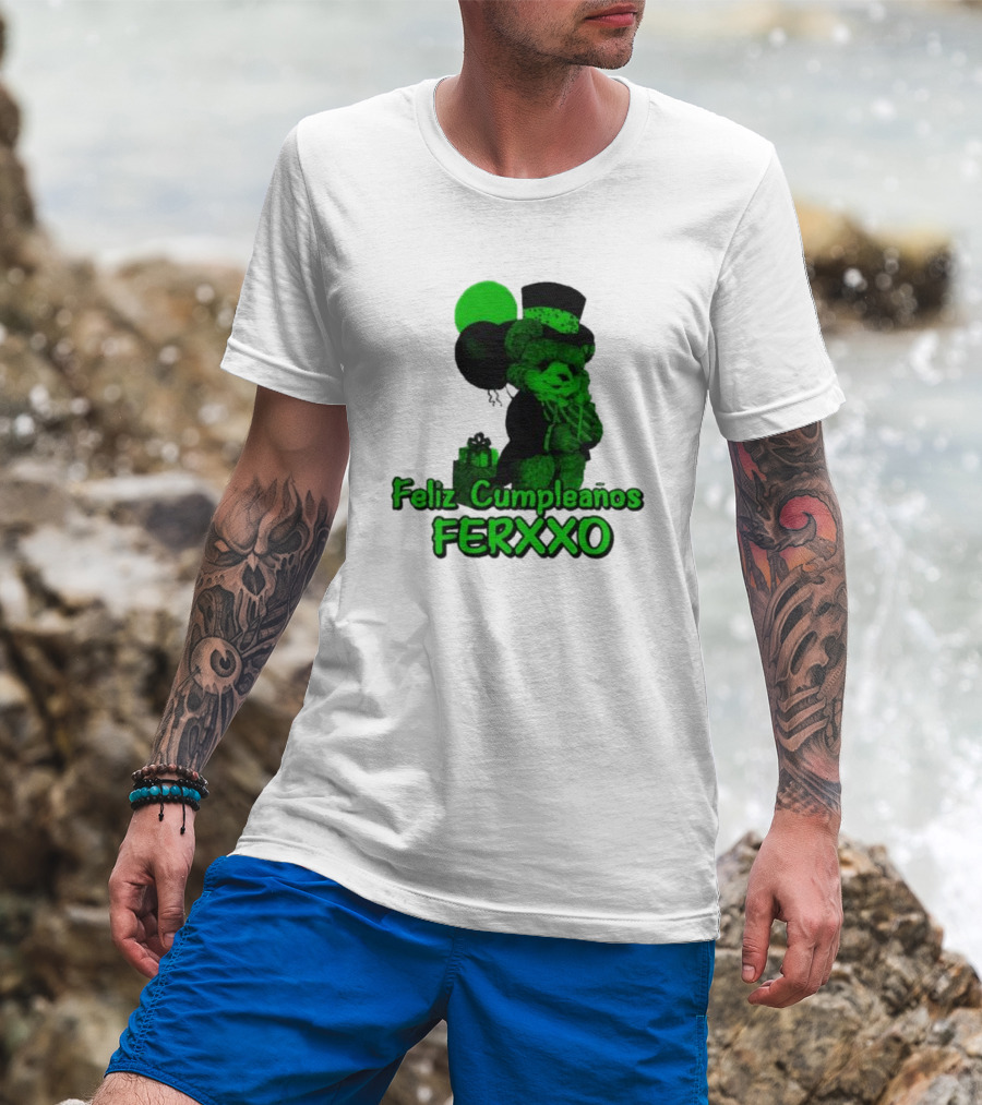 Feliz Cumpleaños Ferxxo Teddy Bear Green Balloons Black Top Hat T-Shirt