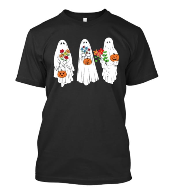 Floral Ghost Pumpkin Halloween Trio With Colorful Bouquet T-Shirt
