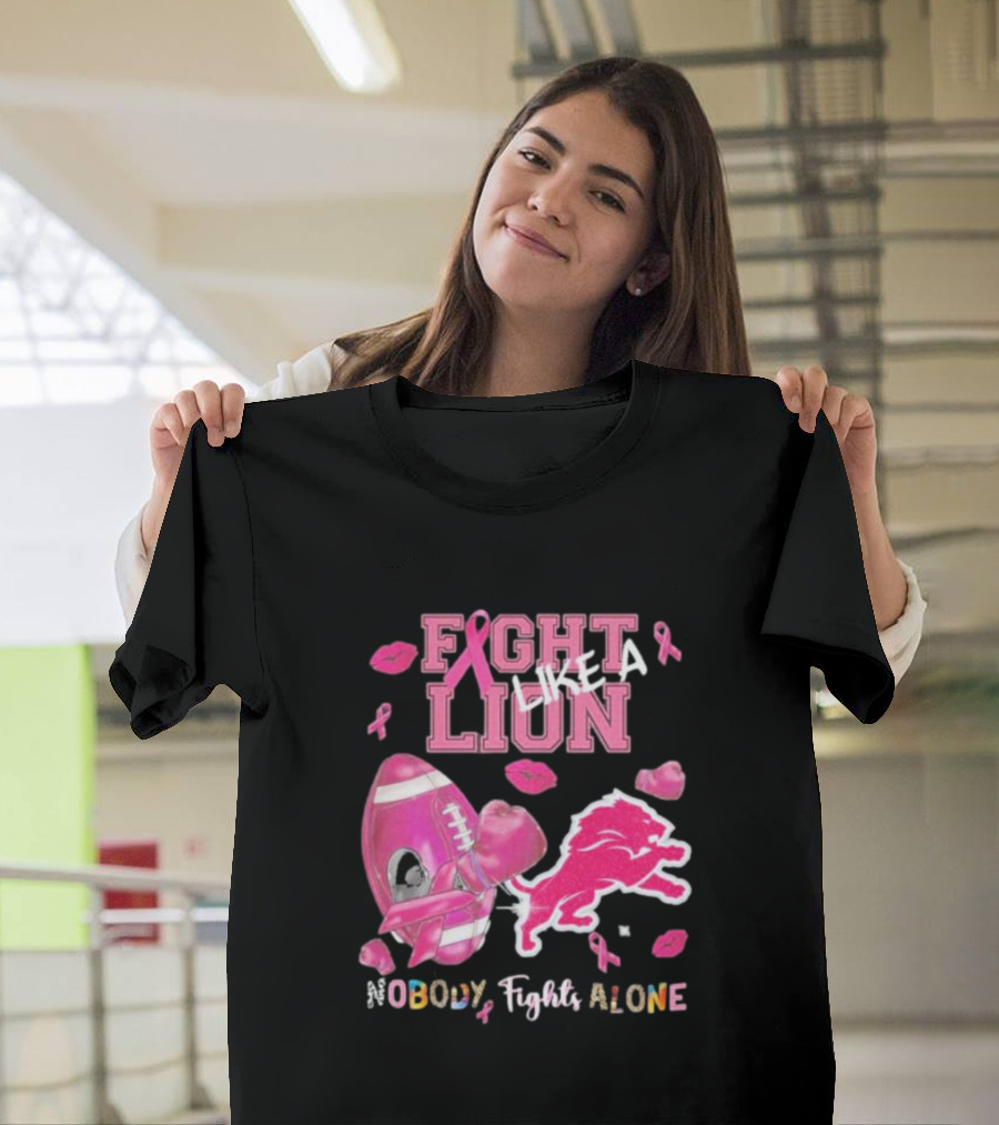 Fight Like a Lion Nobody Fights Alone Pink Ribbon Football Boxing Gloves Lips T-Shirt
