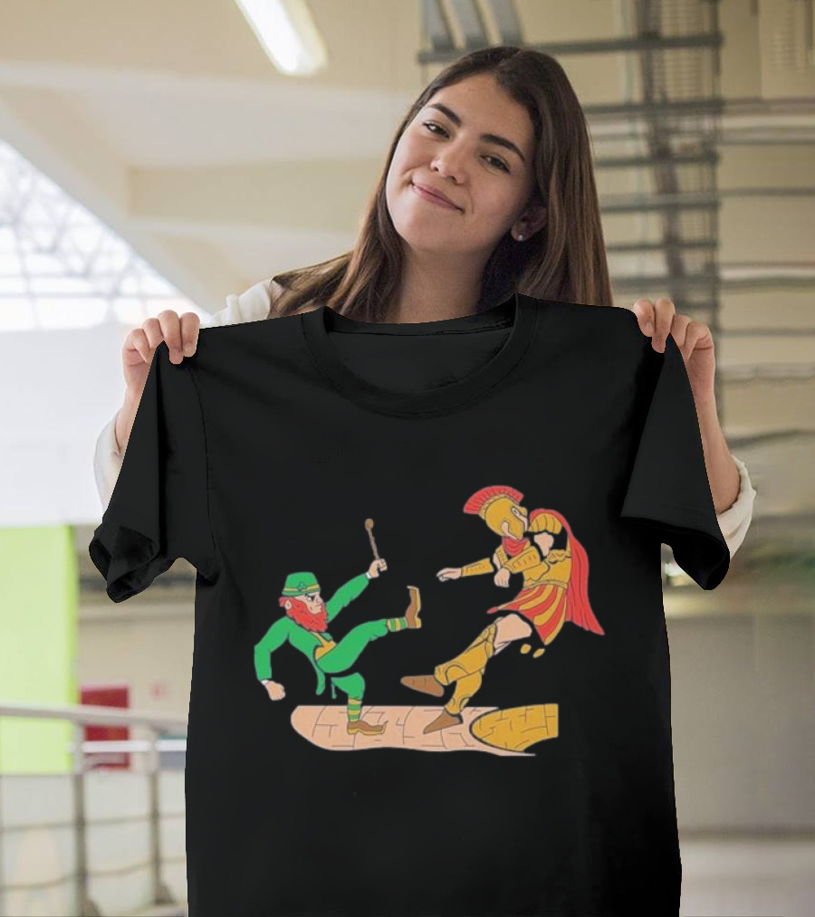 Notre Dame Leprechaun vs. Trojan Warrior Kick Battle T-Shirt