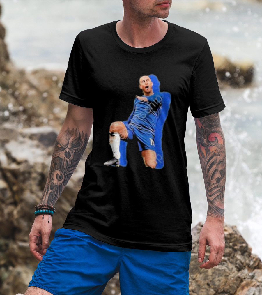 The By Line Show Garden Of Eden Celebration Pose Soccer Player In Blue Jersey T-Shirt