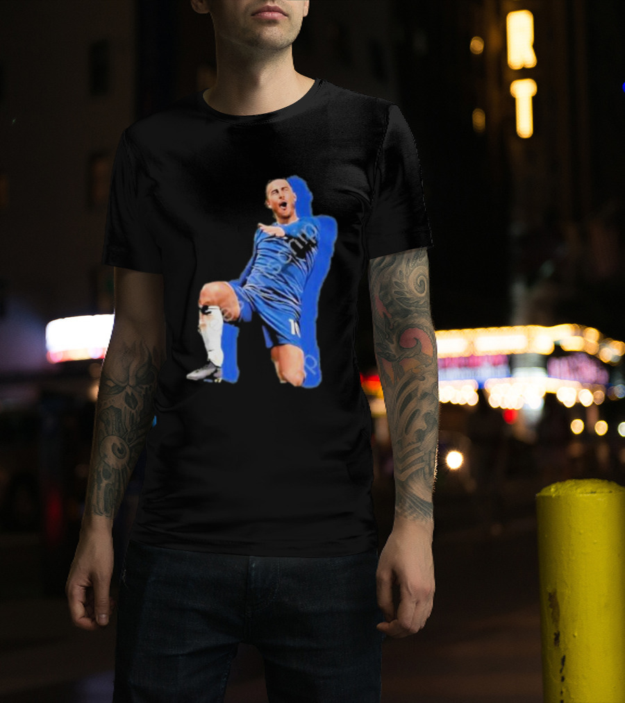 The By Line Show Garden Of Eden Celebration Pose Soccer Player In Blue Jersey T-Shirt