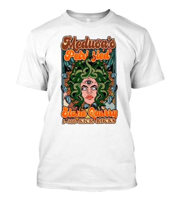Medusa's Petrified Stone Quarry 1-866-Kick-Rocks Serpentine Gorgon Face With Third Eye And Stone Background T-Shirt