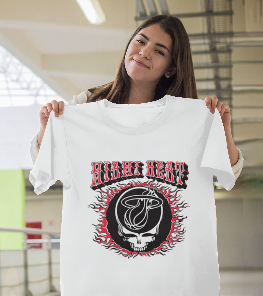 MiamI Heat Grateful Dead Skull Logo with Flaming Basketball T-Shirt