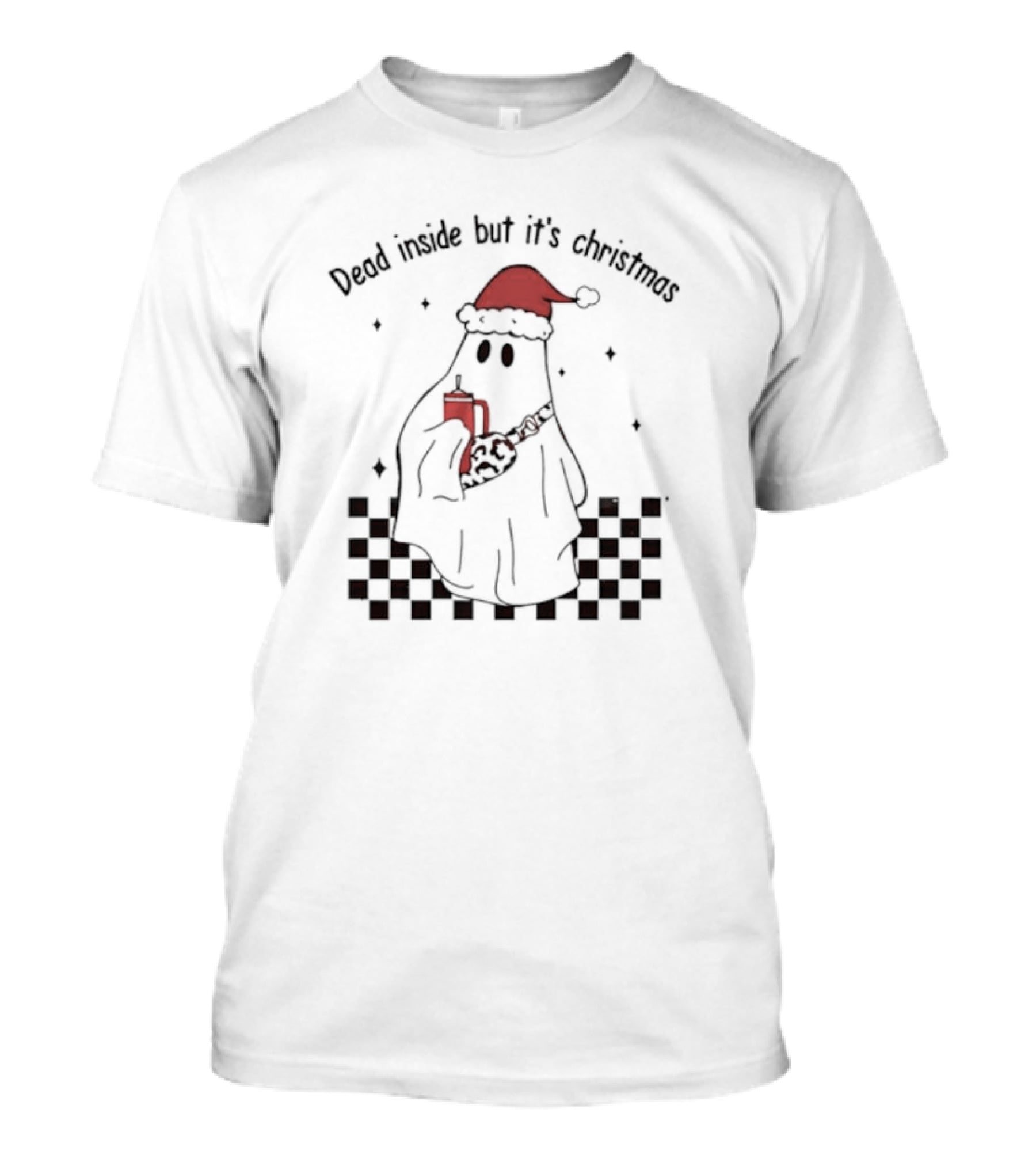 Dead Inside But It's Christmas Ghost With Santa Hat And Mug T-Shirt