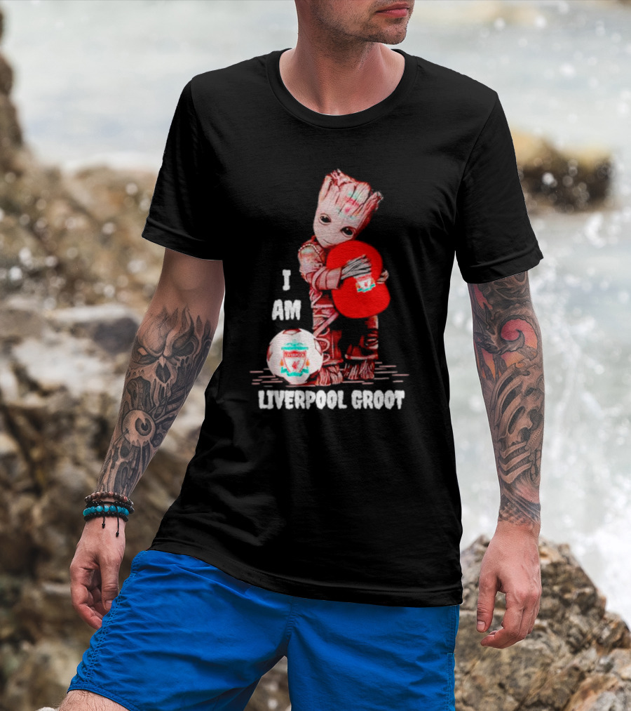 Groot I Am Liverpool FC Soccer Ball Hugging Tree Creature T-Shirt