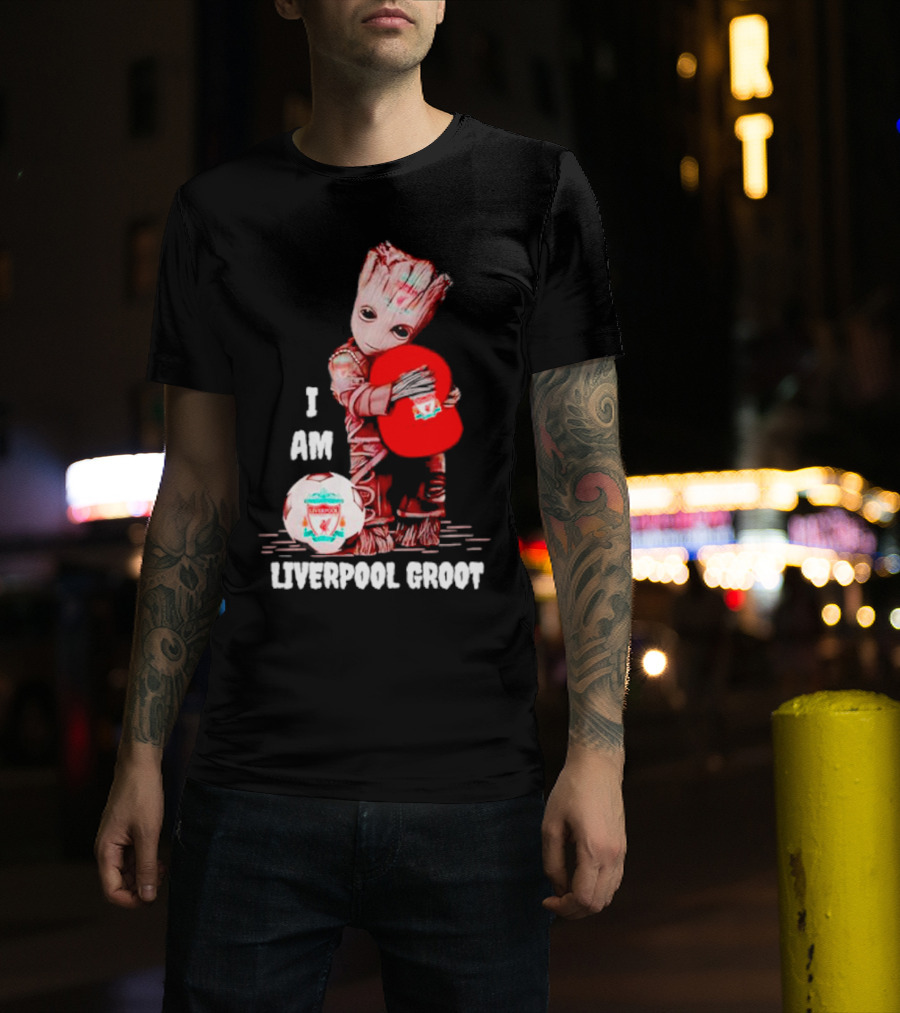 Groot I Am Liverpool FC Soccer Ball Hugging Tree Creature T-Shirt