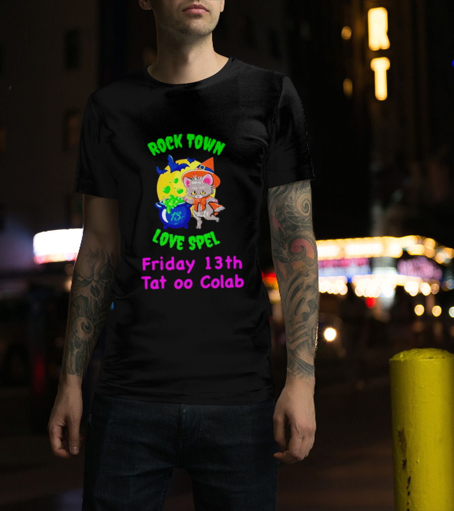 Rock Town Love Spell Friday 13th Tattoo Collab Cat Pumpkin Moon T-Shirt