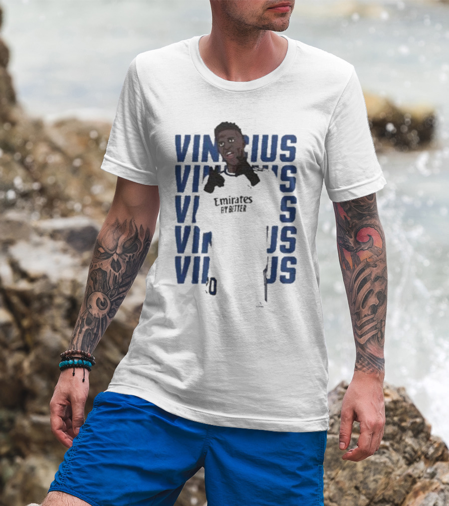 Vinicius Junior Portrait With Textured Blue Repeated Name T-Shirt
