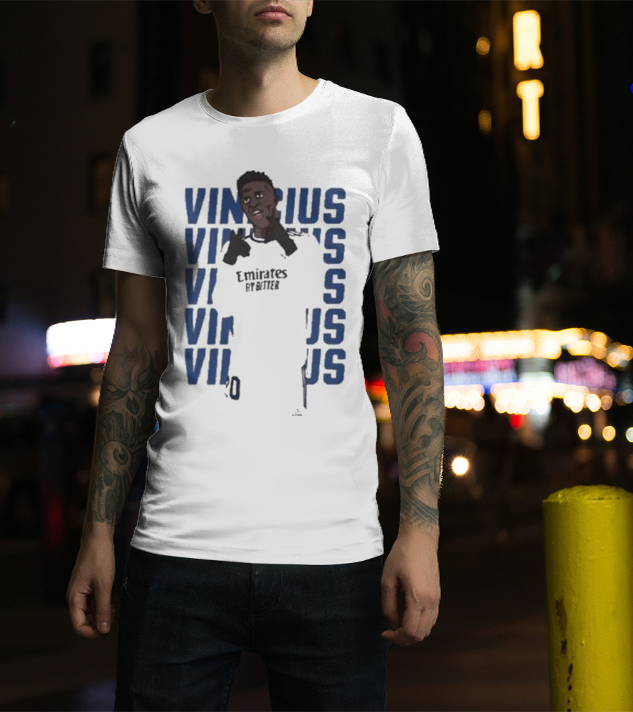 Vinicius Junior Portrait With Textured Blue Repeated Name T-Shirt