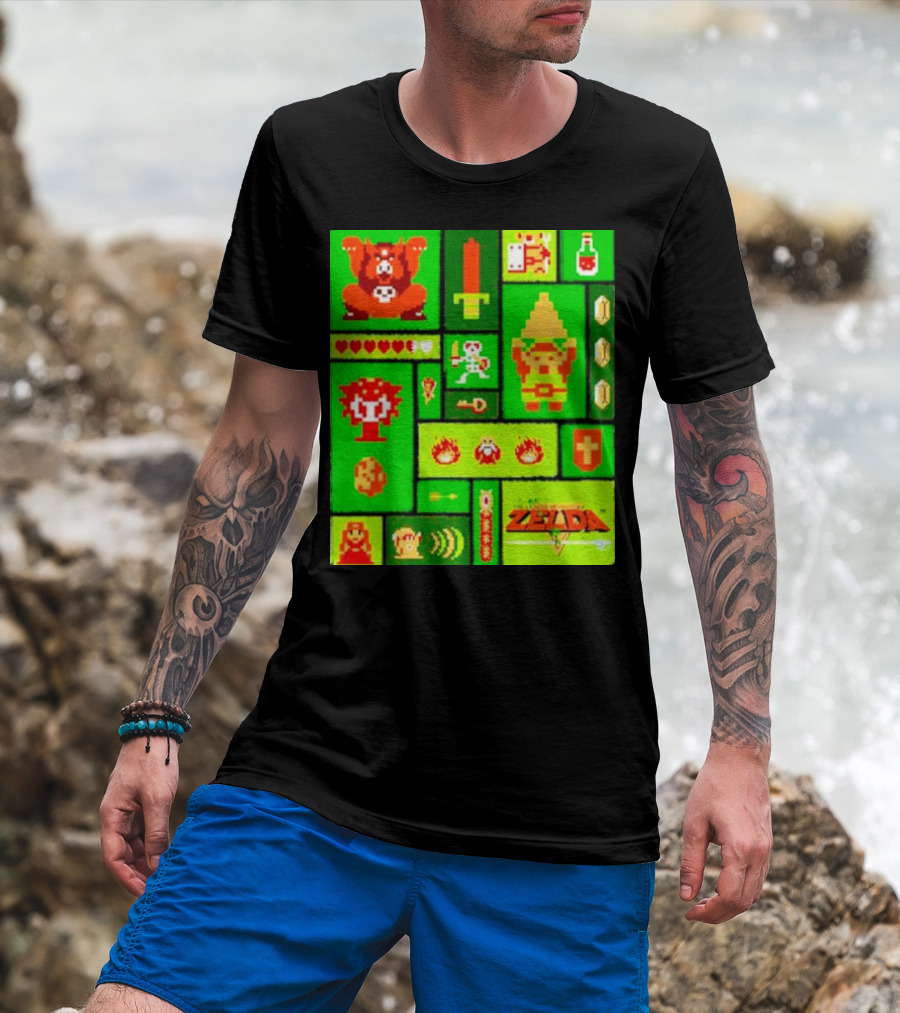 Legend Of Zelda Pixel Art Collage Retro Gaming Icons T-Shirt