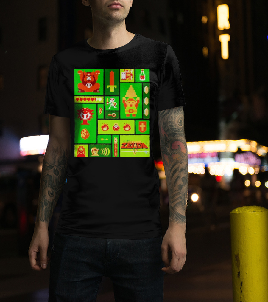 Legend Of Zelda Pixel Art Collage Retro Gaming Icons T-Shirt
