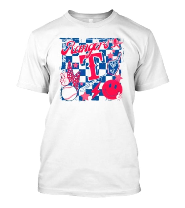 Rangers T Large Checkerboard Stars Baseball Smiley Lightning Peace T-Shirt