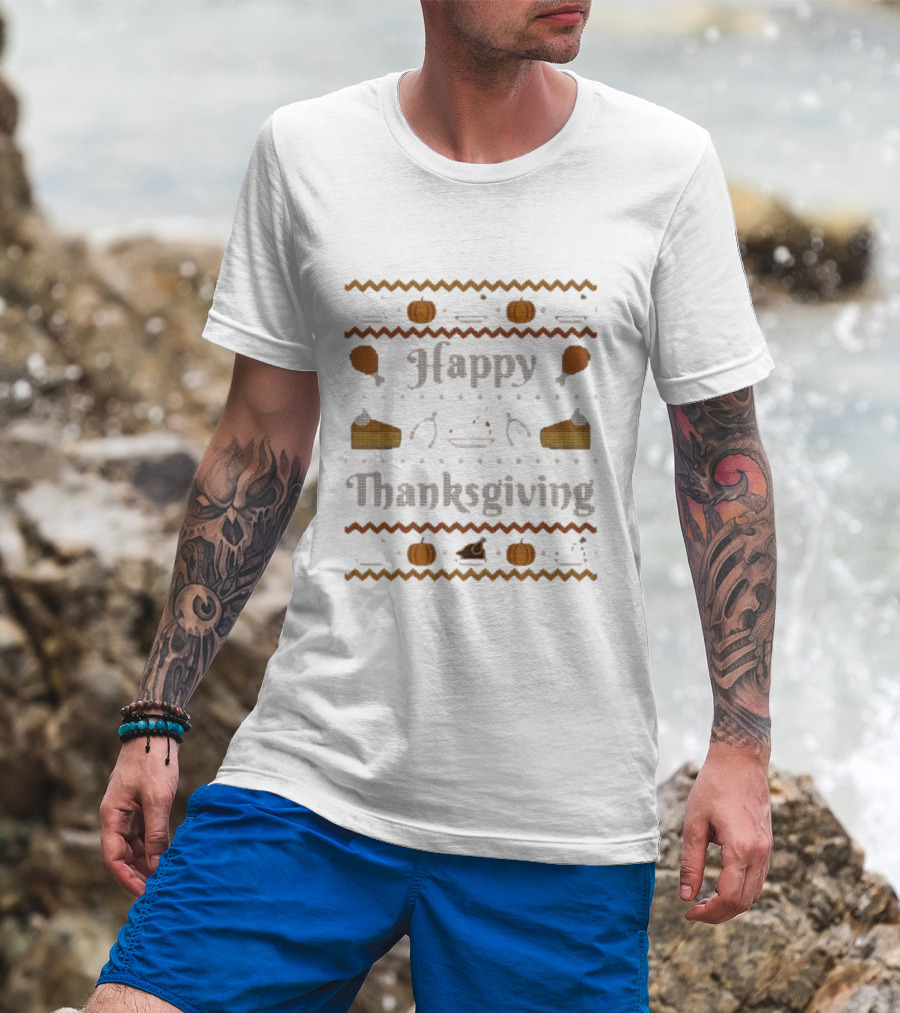 Happy Thanksgiving Pumpkin Pie Turkey Cross-Stitch T-Shirt