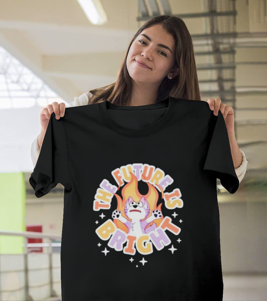 The Future Is Bright Flaming Cartoon Cat with Stars and Flames T-Shirt
