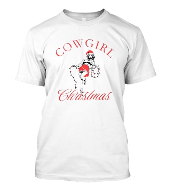 Cowgirl Christmas Santa Hat Festive Lights Retro Pin-Up T-Shirt