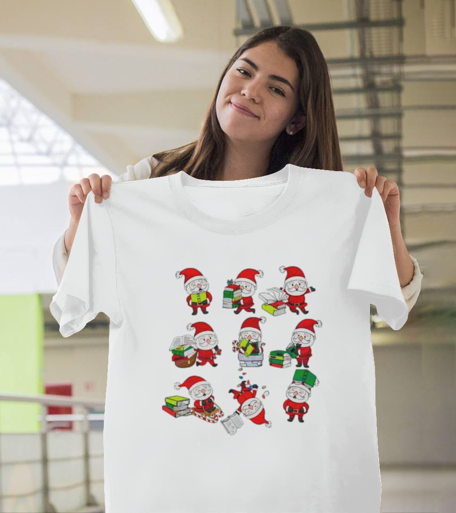 Funny Santa Claus Reading Books and Carrying Stacks in Various Poses T-Shirt