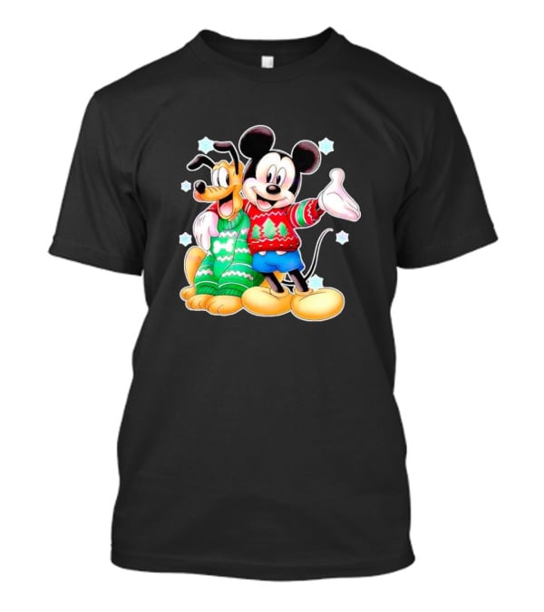 Mickey And Pluto Christmas Sweater Holiday Scene T-Shirt