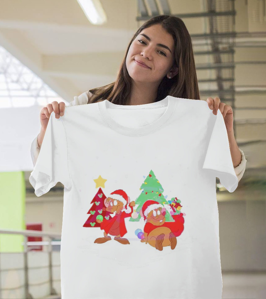Santa Jaq and Gus with Christmas Lights and Presents by Christmas Tree T-Shirt