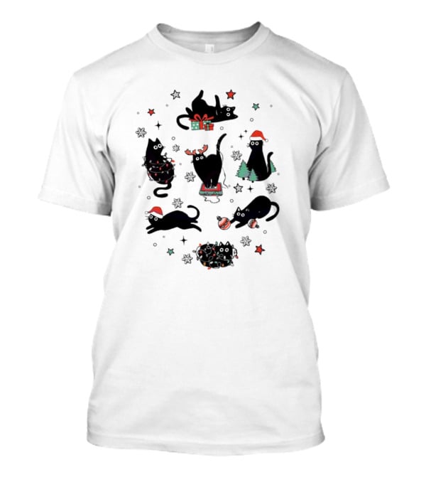 Christmas Black Cat Santa Hat Presents Lights Trees T-Shirt
