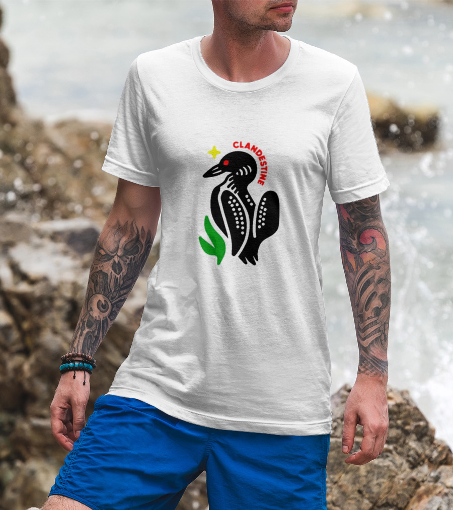 Clandestine Loon Bird With Star And Green Leaf Elements T-Shirt