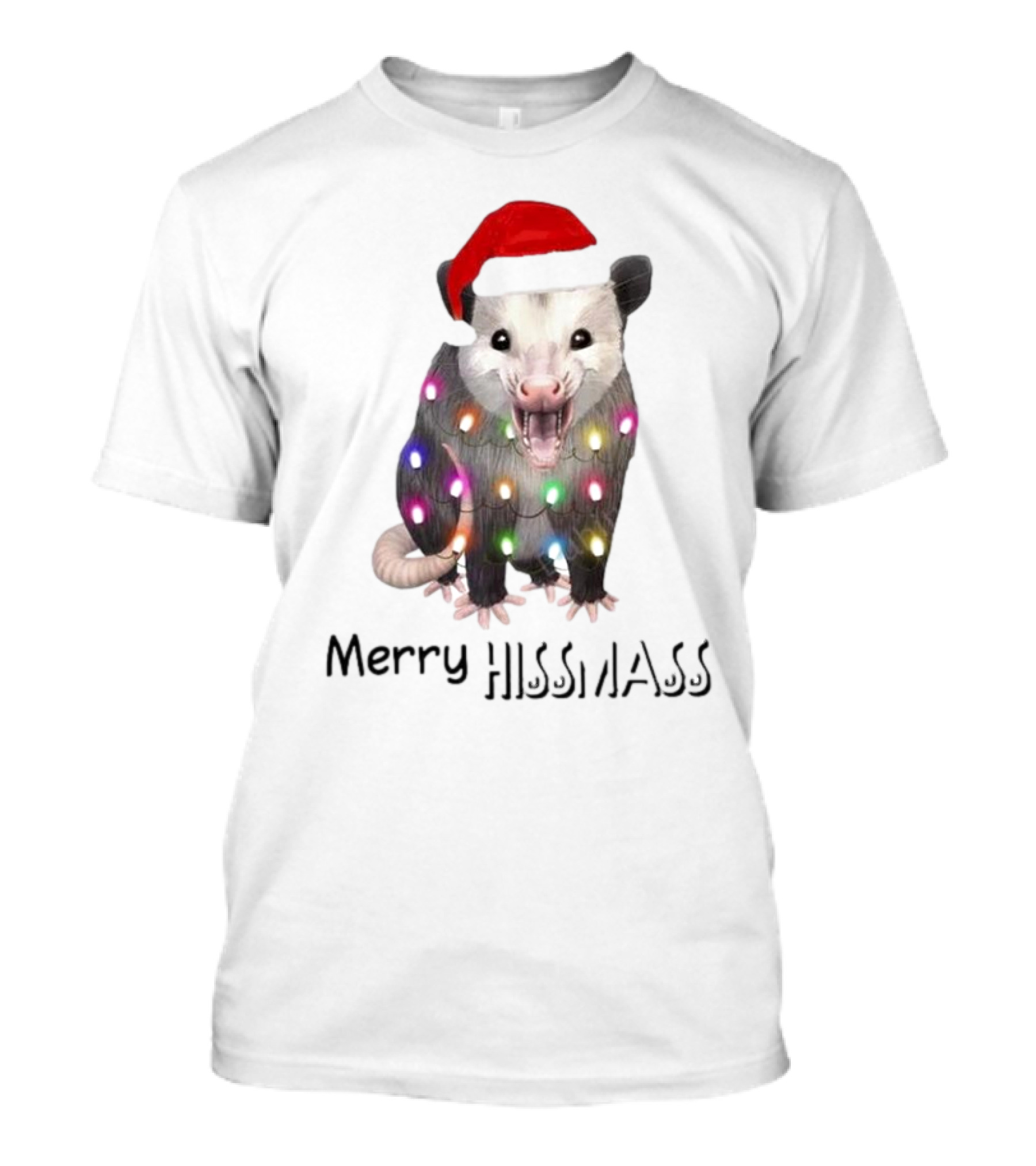 Merry Hissmas Opossum Santa Hat Christmas Lights T-Shirt